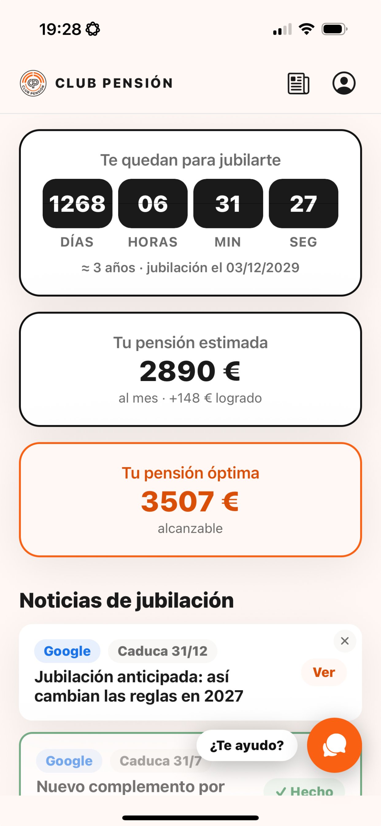 App de Club Pensión: cuenta atrás y pensión estimada